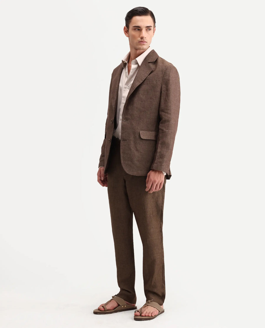 Rare Rabbit Men's Borium-T Brown Linen Fabric Regular Fit Plain Trouser
