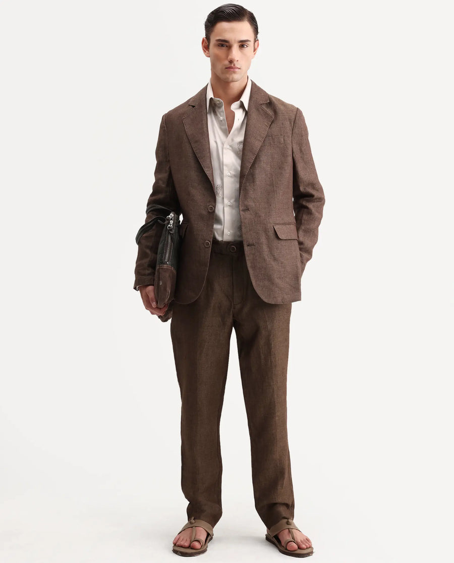 Rare Rabbit Men's Borium-T Brown Linen Fabric Regular Fit Plain Trouser