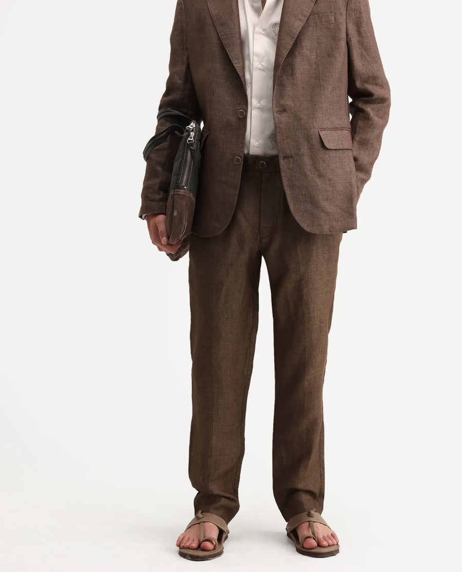 Rare Rabbit Men's Borium-T Brown Linen Fabric Regular Fit Plain Trouser