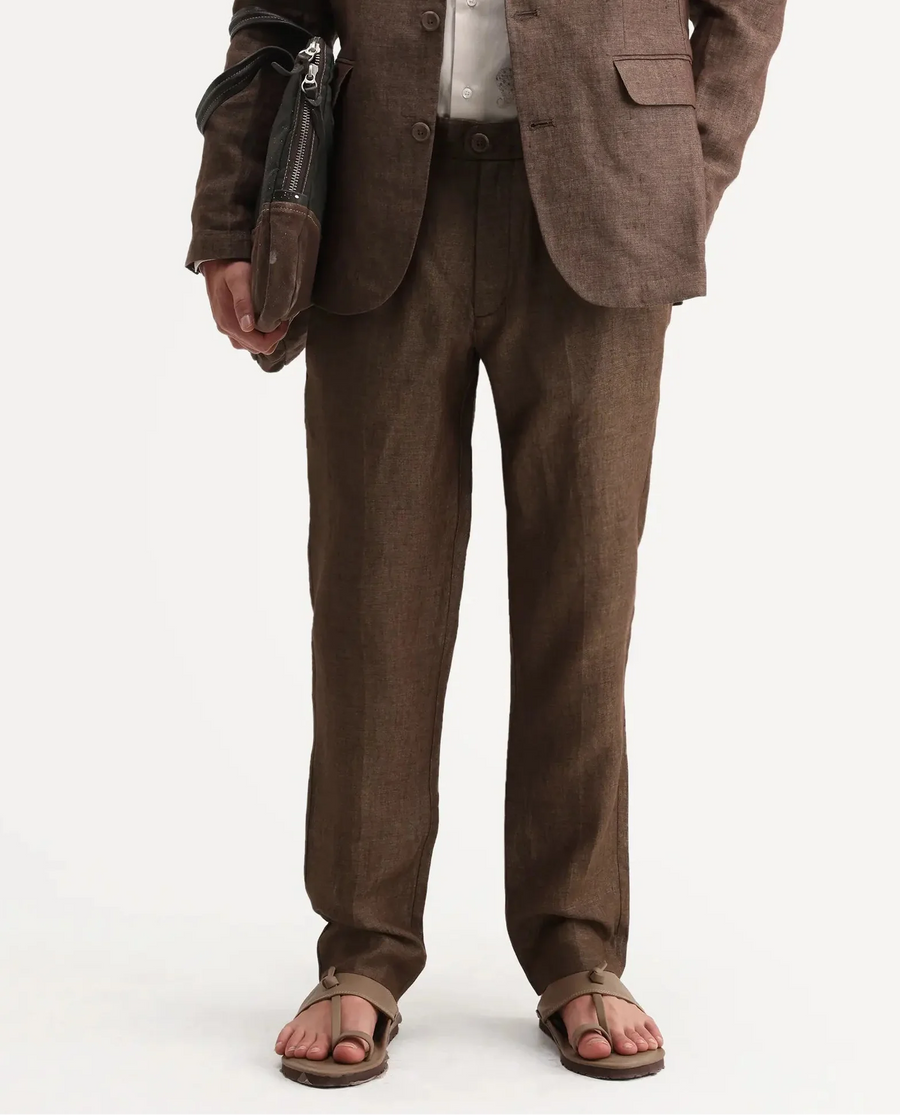 Rare Rabbit Men's Borium-T Brown Linen Fabric Regular Fit Plain Trouser