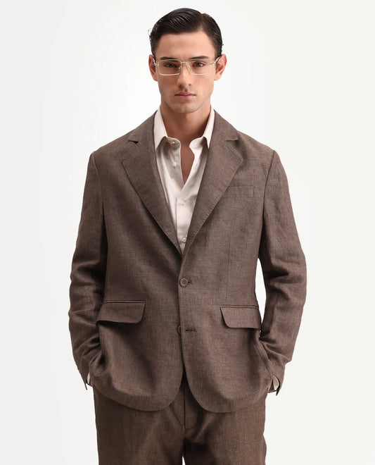 Rare Rabbit Men's Borium-Bl Brown 100% Linen Fabric Full Sleeve Lapel Collar Regular Plain Blazer