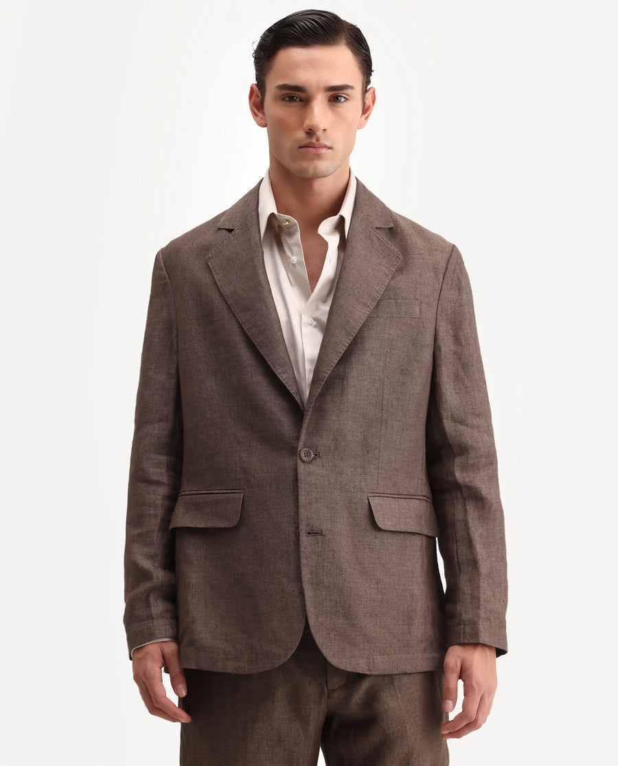 Rare Rabbit Men's Borium-Bl Brown 100% Linen Fabric Full Sleeve Lapel Collar Regular Plain Blazer