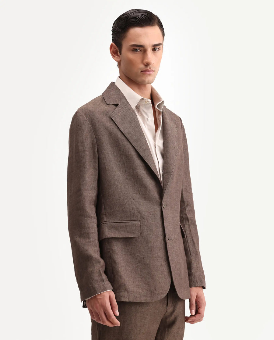 Rare Rabbit Men's Borium-Bl Brown 100% Linen Fabric Full Sleeve Lapel Collar Regular Plain Blazer