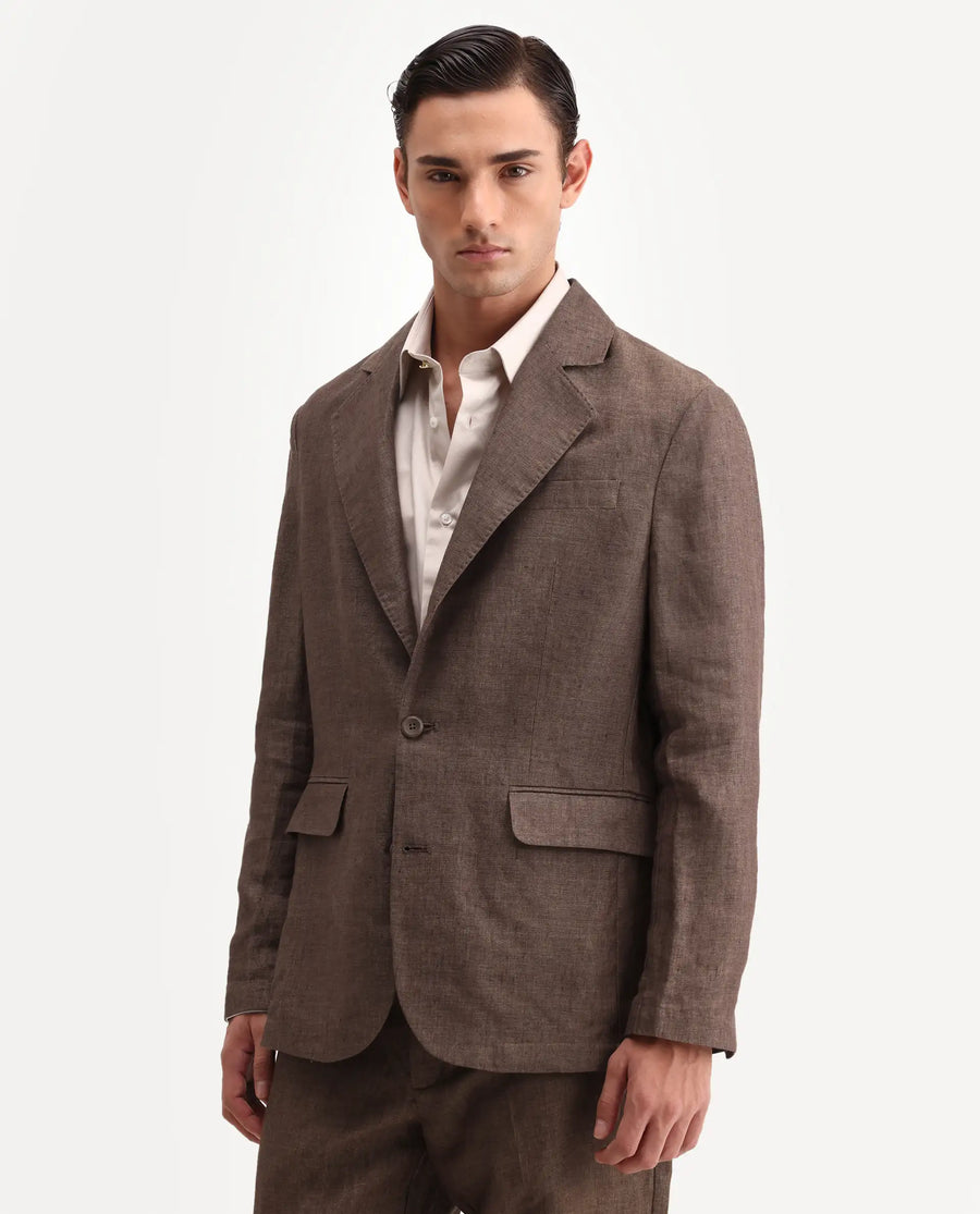 Rare Rabbit Men's Borium-Bl Brown 100% Linen Fabric Full Sleeve Lapel Collar Regular Plain Blazer