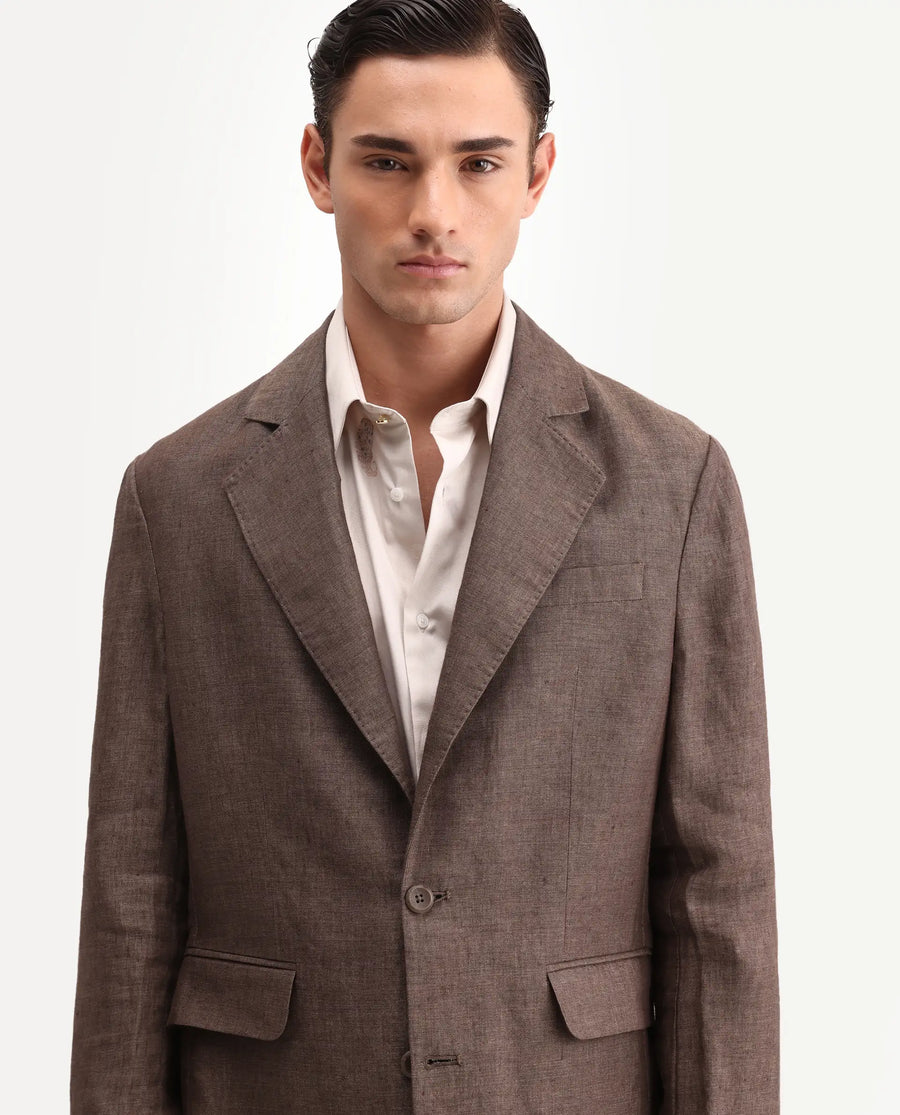 Rare Rabbit Men's Borium-Bl Brown 100% Linen Fabric Full Sleeve Lapel Collar Regular Plain Blazer