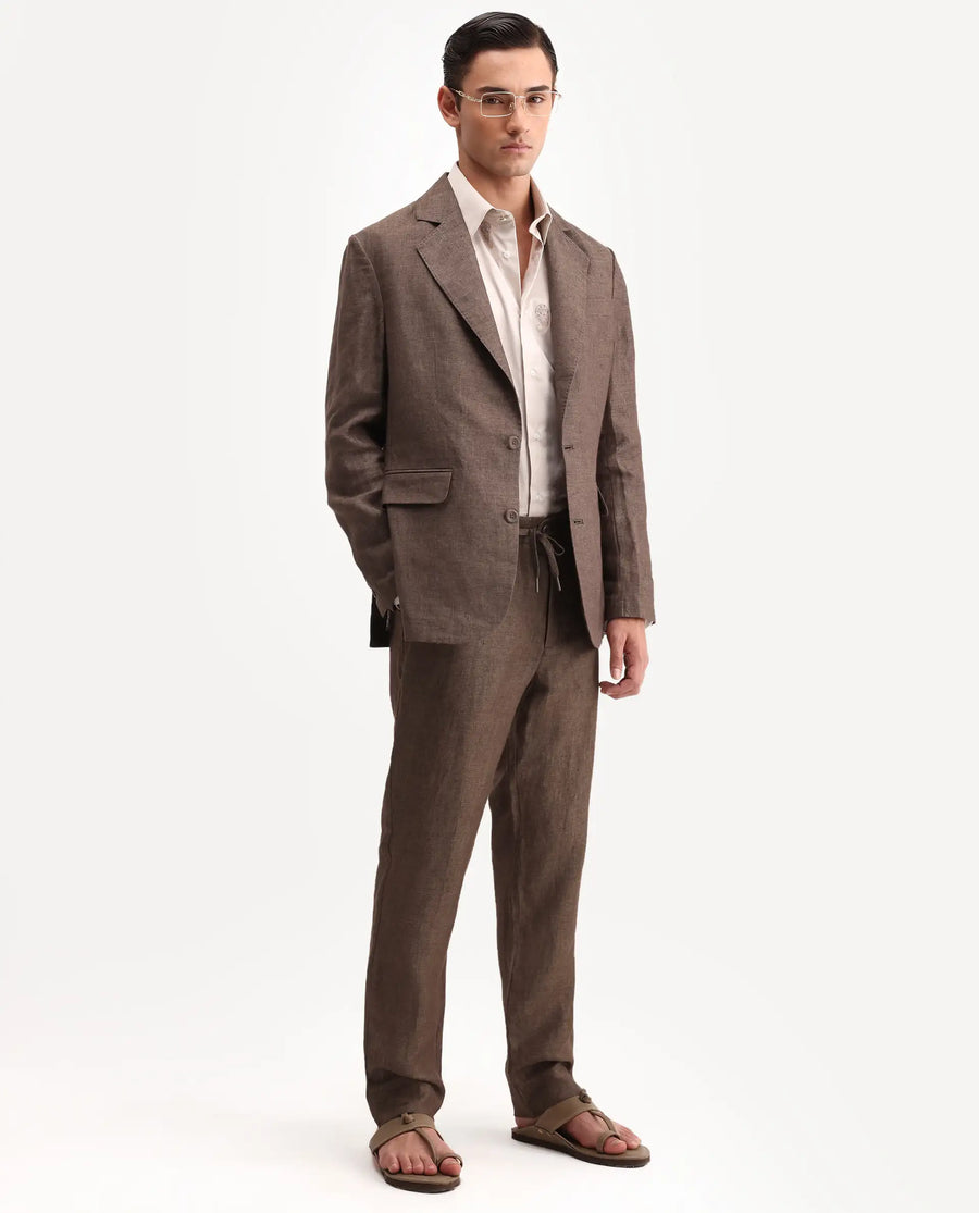 Rare Rabbit Men's Borium-Bl Brown 100% Linen Fabric Full Sleeve Lapel Collar Regular Plain Blazer