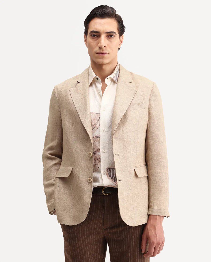 Rare Rabbit Men's Borium-Bl Beige 100% Linen Fabric Full Sleeve Lapel Collar Regular Plain Blazer