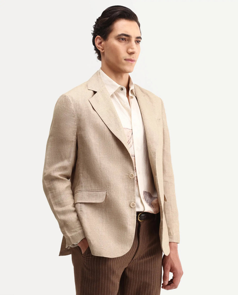 Rare Rabbit Men's Borium-Bl Beige 100% Linen Fabric Full Sleeve Lapel Collar Regular Plain Blazer