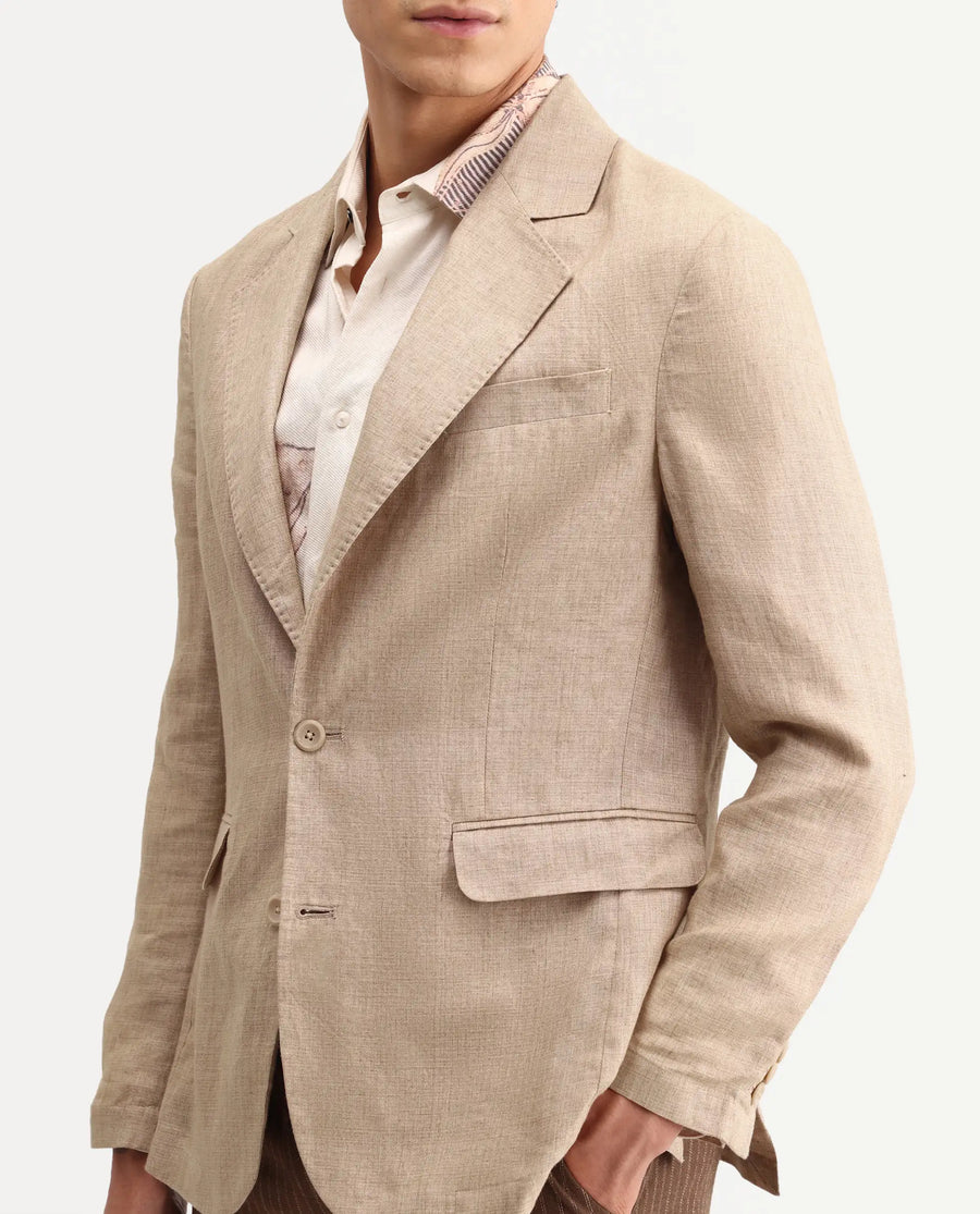 Rare Rabbit Men's Borium-Bl Beige 100% Linen Fabric Full Sleeve Lapel Collar Regular Plain Blazer