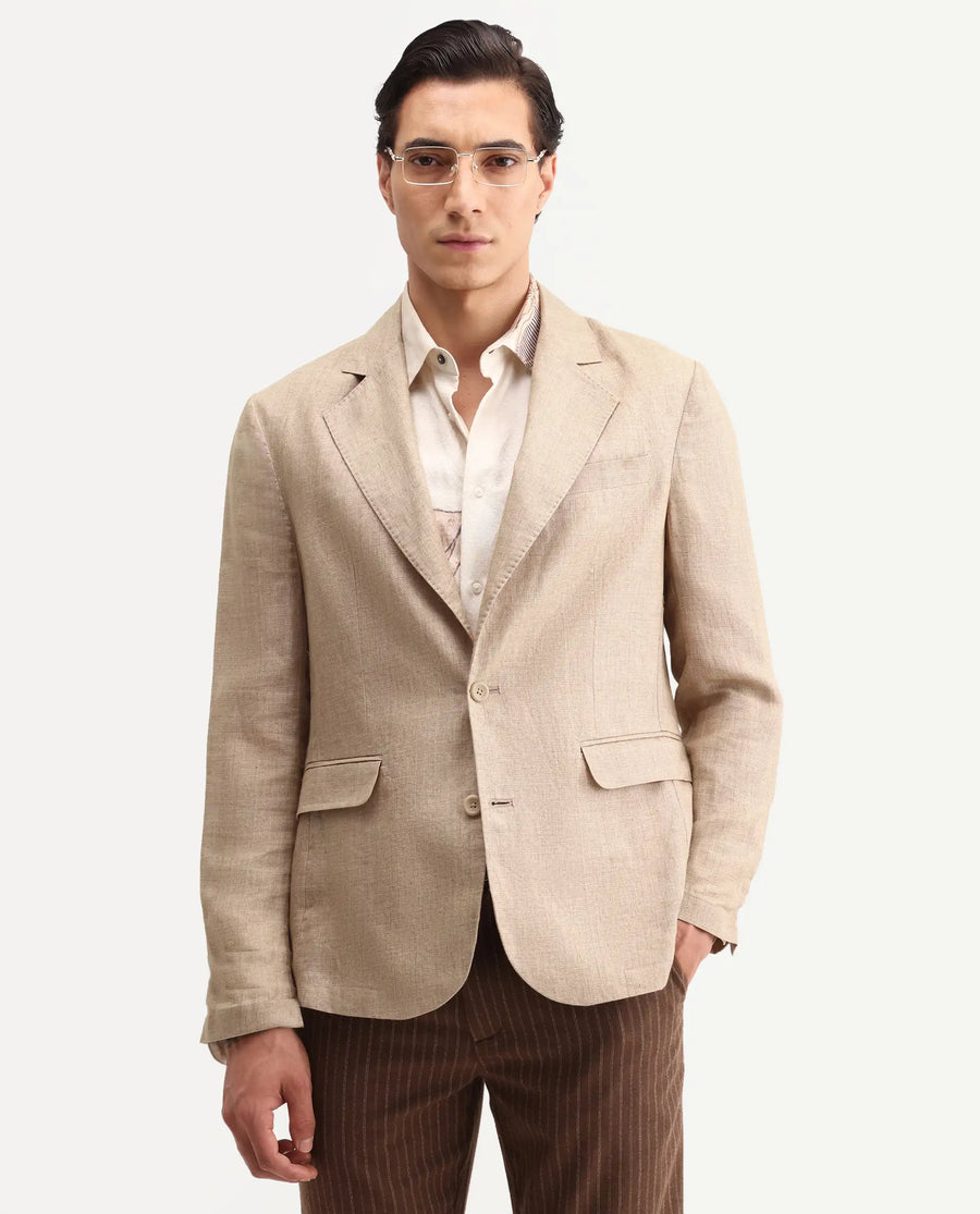 Rare Rabbit Men's Borium-Bl Beige 100% Linen Fabric Full Sleeve Lapel Collar Regular Plain Blazer