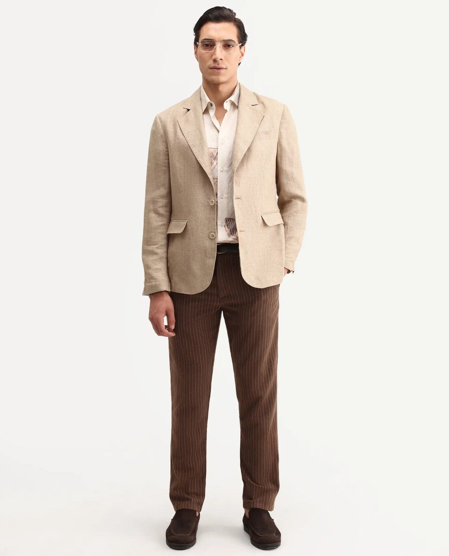 Rare Rabbit Men's Borium-Bl Beige 100% Linen Fabric Full Sleeve Lapel Collar Regular Plain Blazer