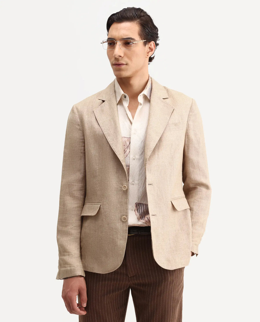 Rare Rabbit Men's Borium-Bl Beige 100% Linen Fabric Full Sleeve Lapel Collar Regular Plain Blazer