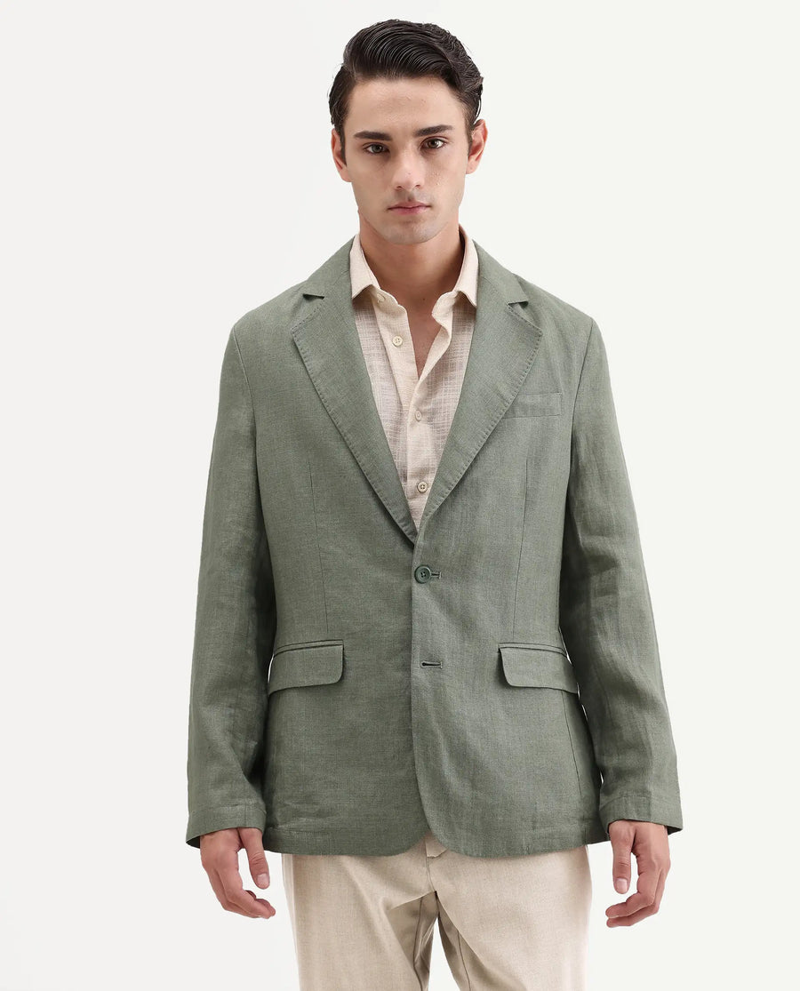 Rare Rabbit Men's Borium-Bl Dusky Green 100% Linen Fabric Full Sleeve Lapel Collar Regular Plain Blazer
