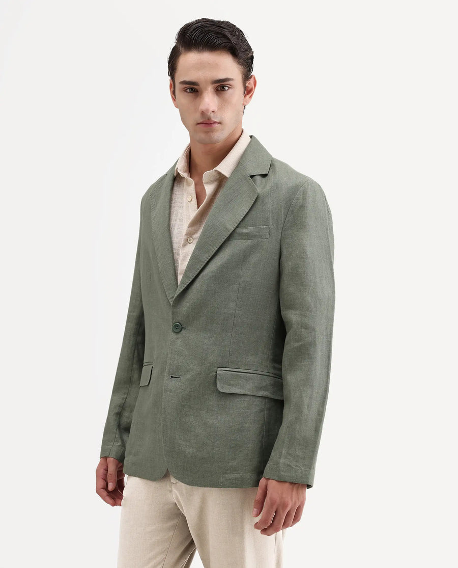Rare Rabbit Men's Borium-Bl Dusky Green 100% Linen Fabric Full Sleeve Lapel Collar Regular Plain Blazer