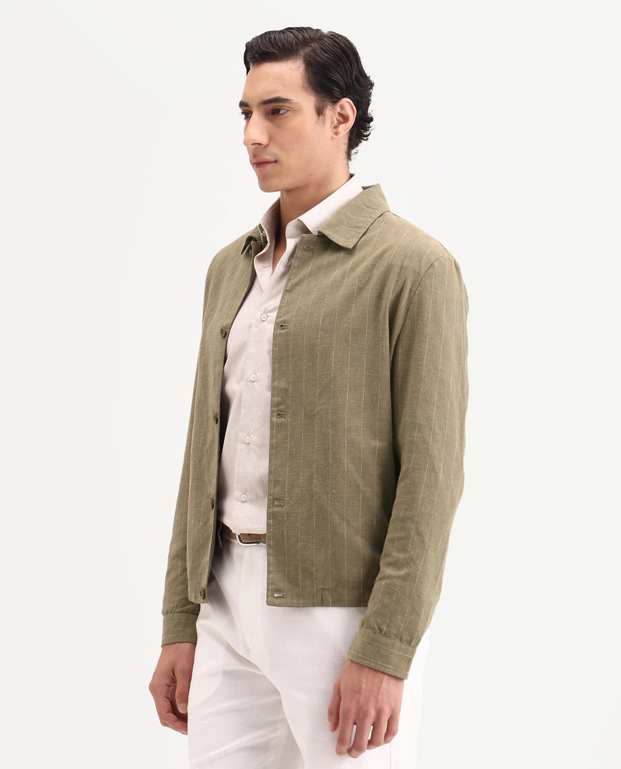 Rare Rabbit Men's Jlo-S-26 Khaki Linen Blend Fabric Full Sleeve Collar Regular Fit Striped Shacket