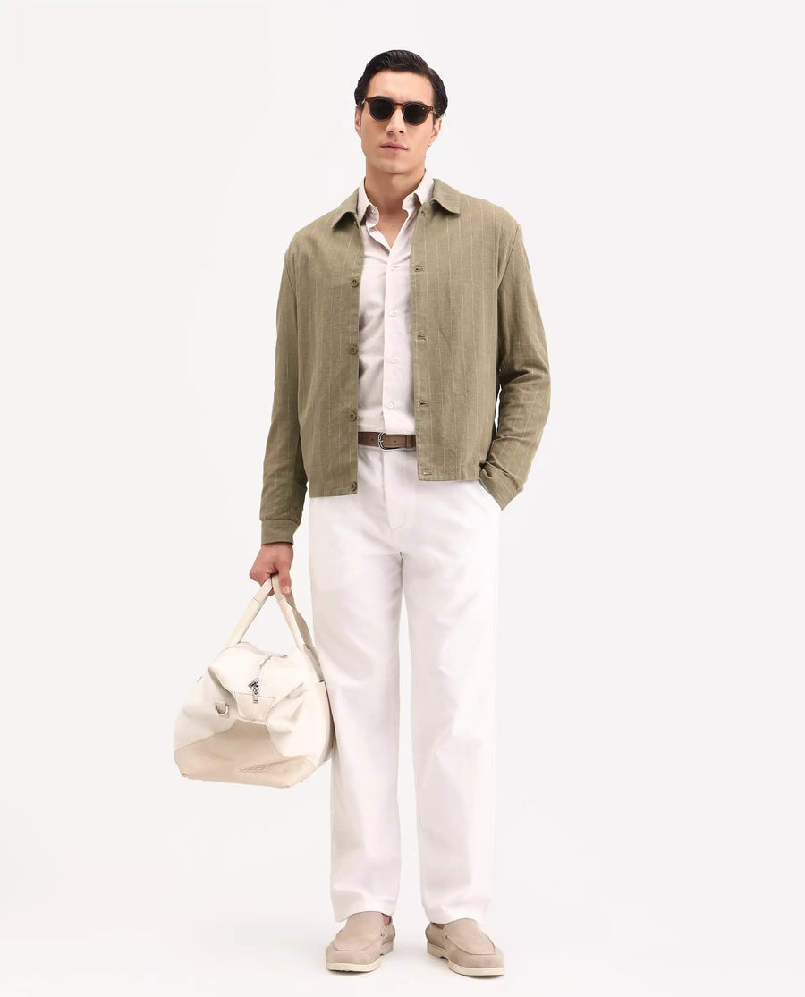 Rare Rabbit Men's Jlo-S-26 Khaki Linen Blend Fabric Full Sleeve Collar Regular Fit Striped Shacket