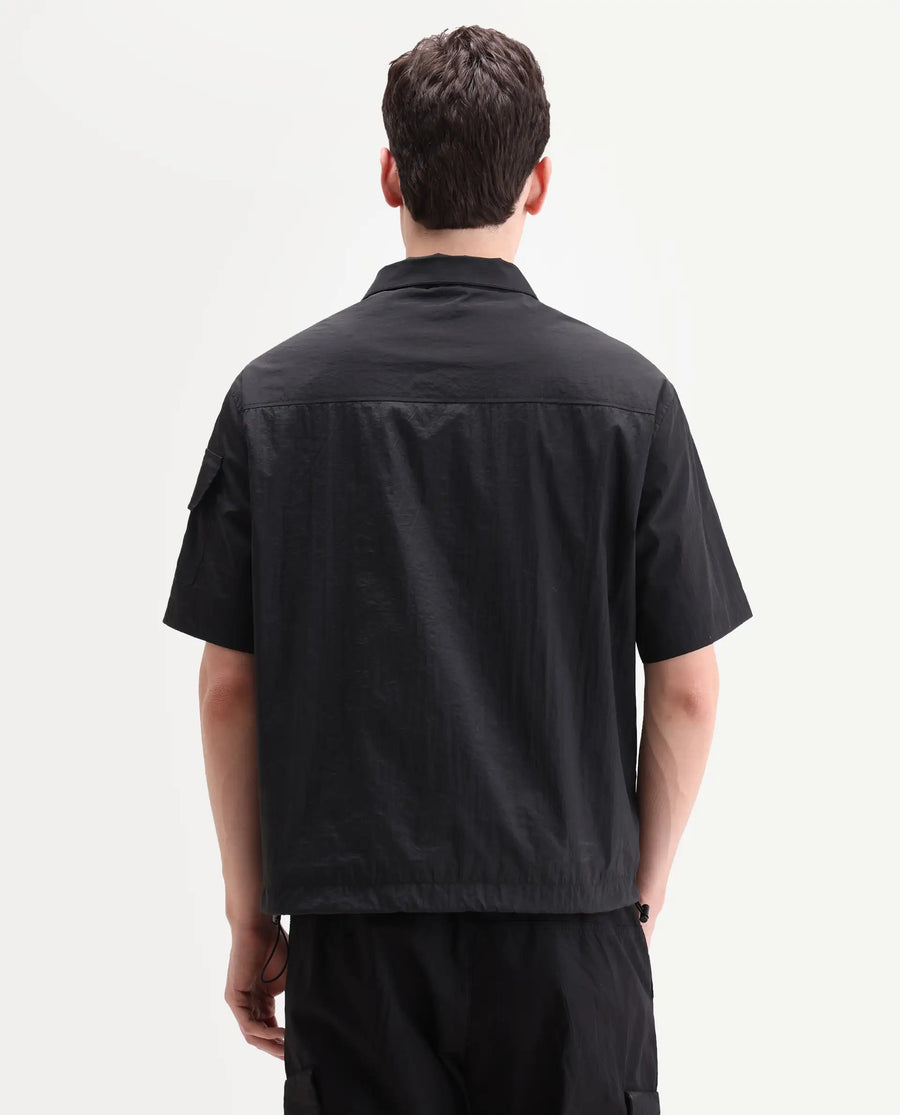 Rare Rabbit Men's Atto Black Nylon Fabric Half Sleeve Spread Collar Regular Fit Plain Polo