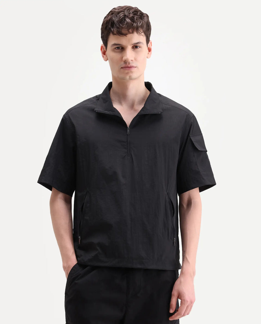 Rare Rabbit Men's Atto Black Nylon Fabric Half Sleeve Spread Collar Regular Fit Plain Polo