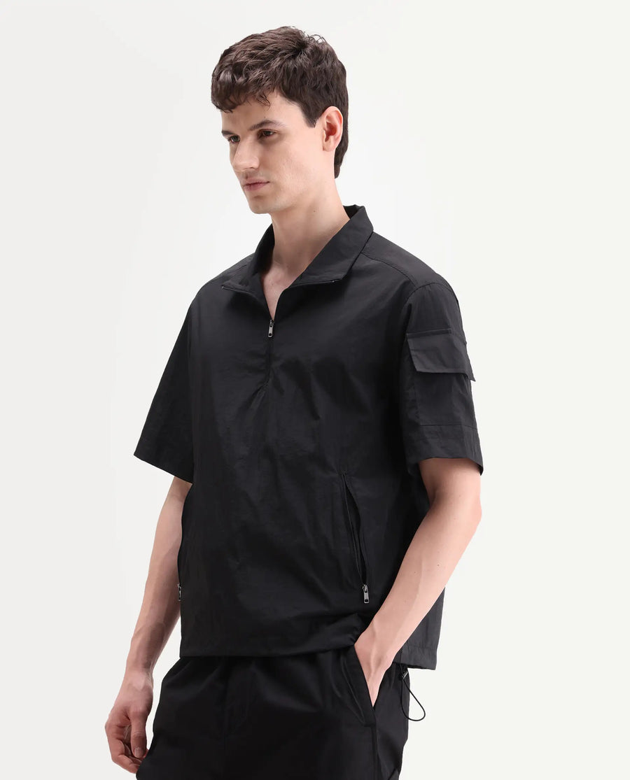 Rare Rabbit Men's Atto Black Nylon Fabric Half Sleeve Spread Collar Regular Fit Plain Polo