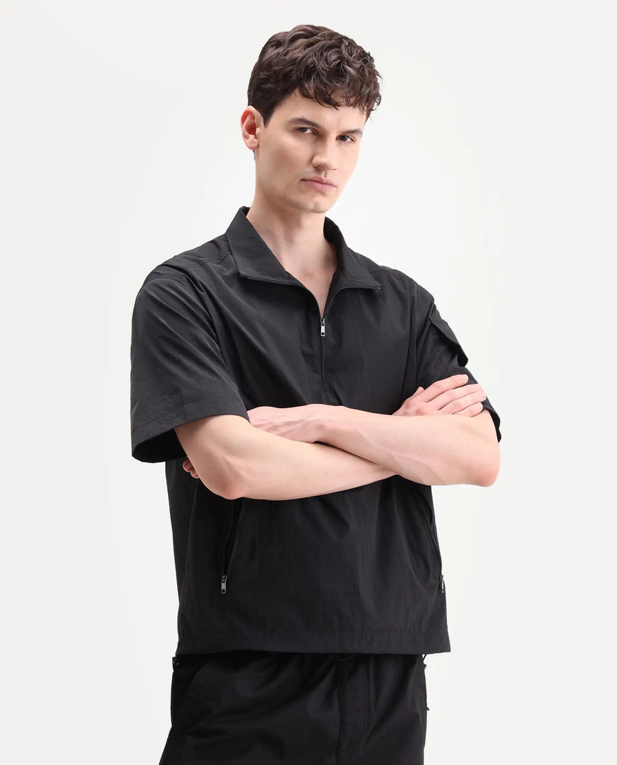 Rare Rabbit Men's Atto Black Nylon Fabric Half Sleeve Spread Collar Regular Fit Plain Polo