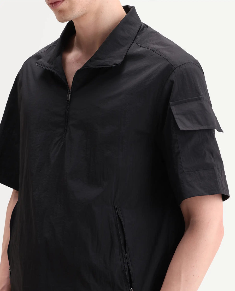 Rare Rabbit Men's Atto Black Nylon Fabric Half Sleeve Spread Collar Regular Fit Plain Polo