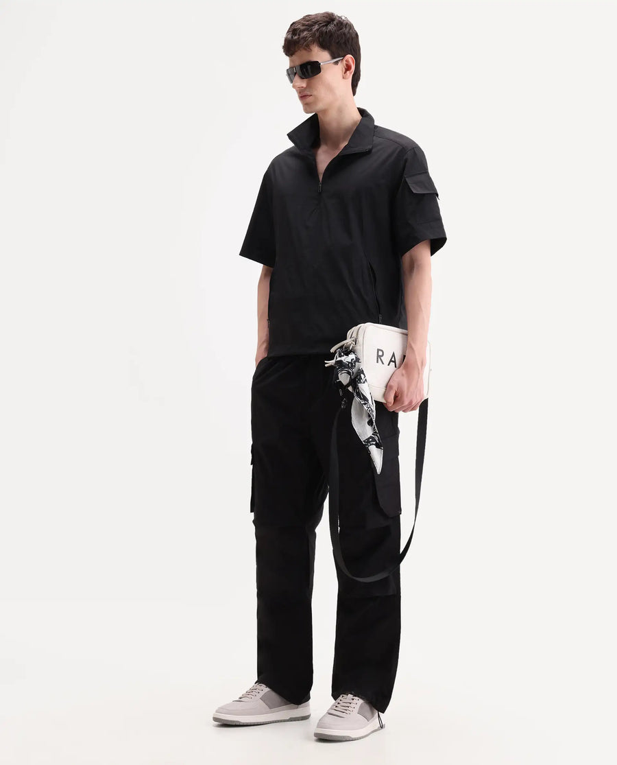 Rare Rabbit Men's Atto Black Nylon Fabric Half Sleeve Spread Collar Regular Fit Plain Polo