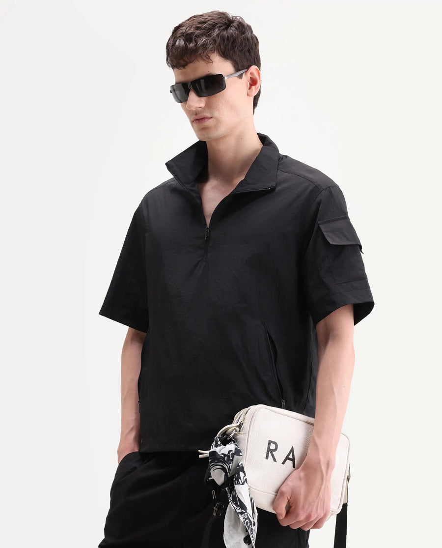 Rare Rabbit Men's Atto Black Nylon Fabric Half Sleeve Spread Collar Regular Fit Plain Polo