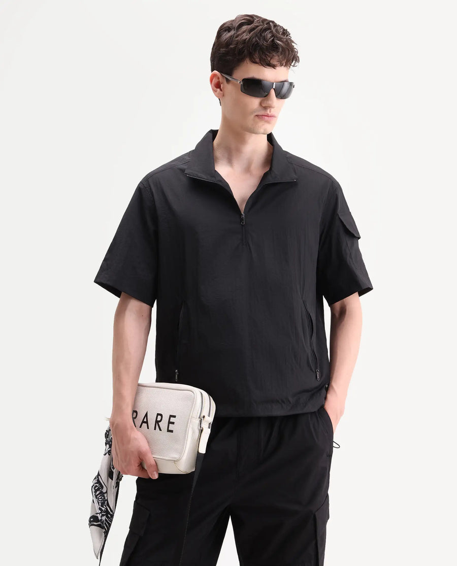 Rare Rabbit Men's Atto Black Nylon Fabric Half Sleeve Spread Collar Regular Fit Plain Polo
