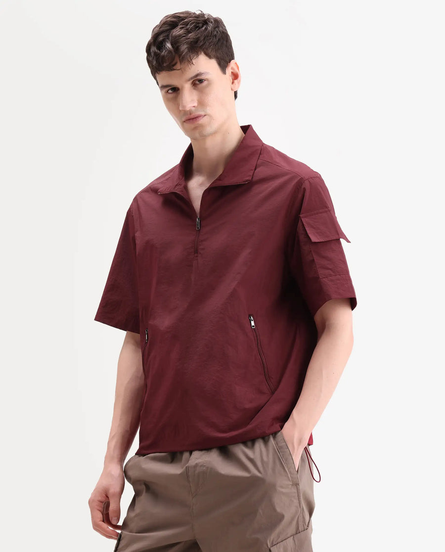 Rare Rabbit Men's Atto Red Nylon Fabric Half Sleeve Spread Collar Regular Fit Plain Polo