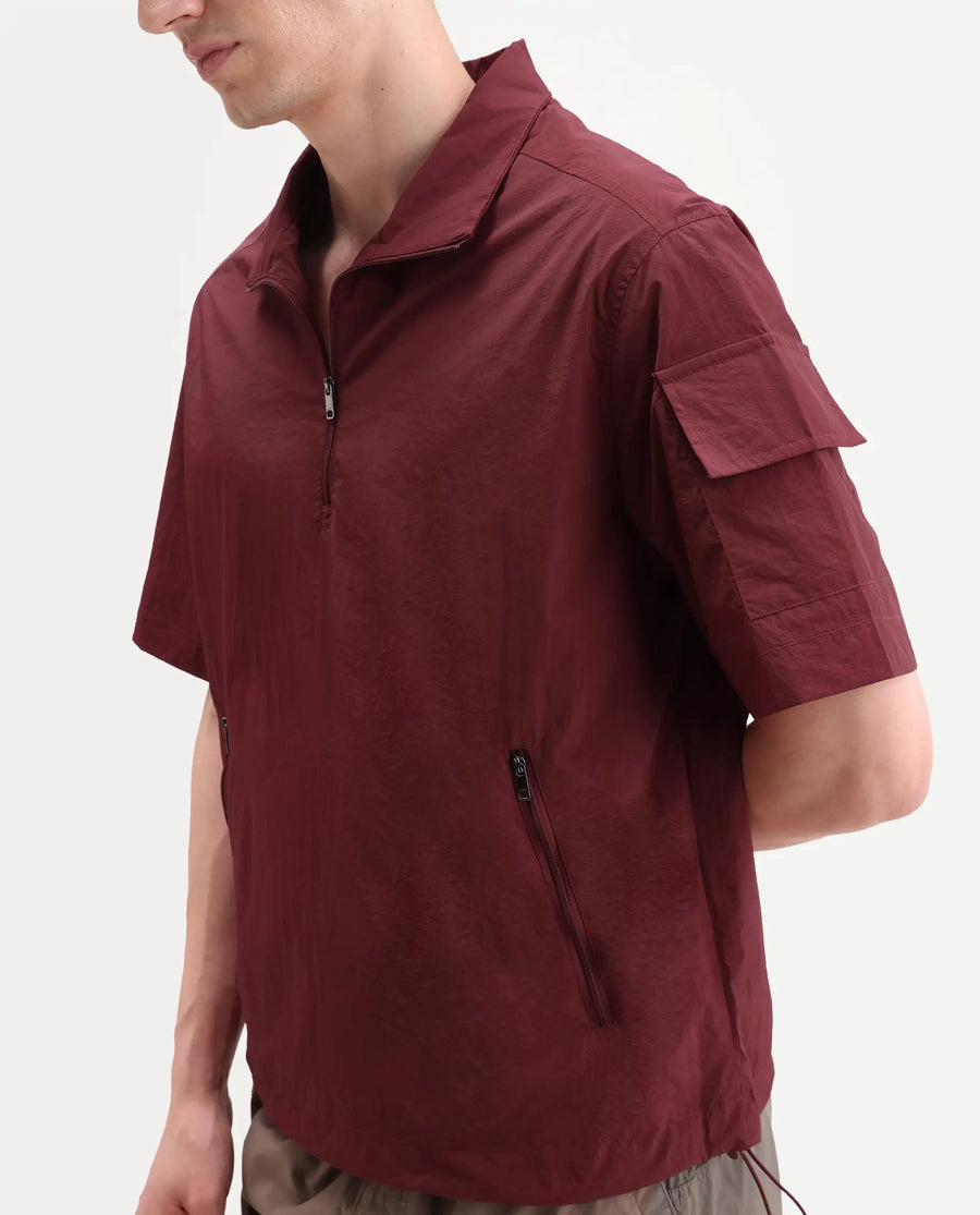 Rare Rabbit Men's Atto Red Nylon Fabric Half Sleeve Spread Collar Regular Fit Plain Polo