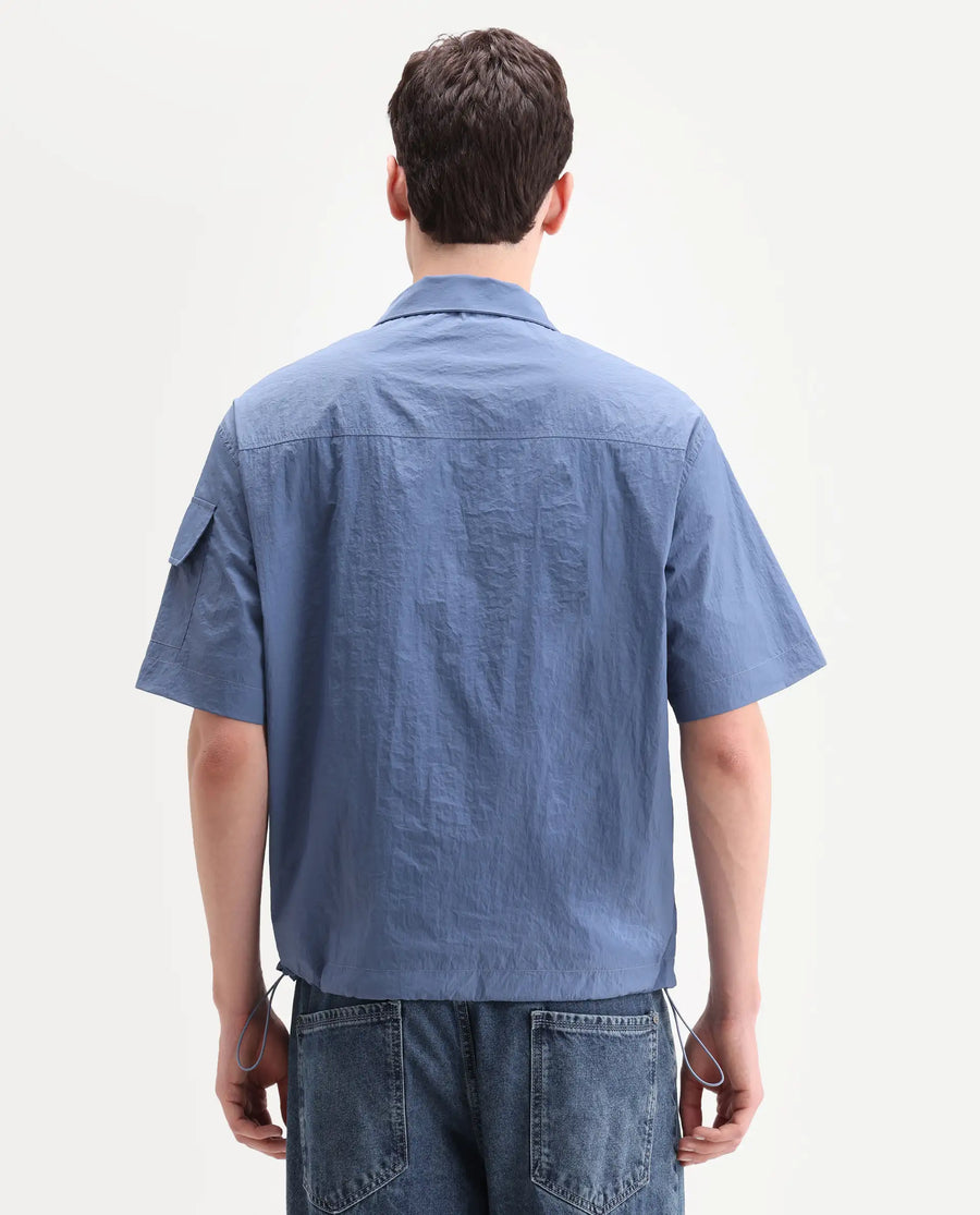 Rare Rabbit Men's Atto Blue Nylon Fabric Half Sleeve Spread Collar Regular Fit Plain Polo