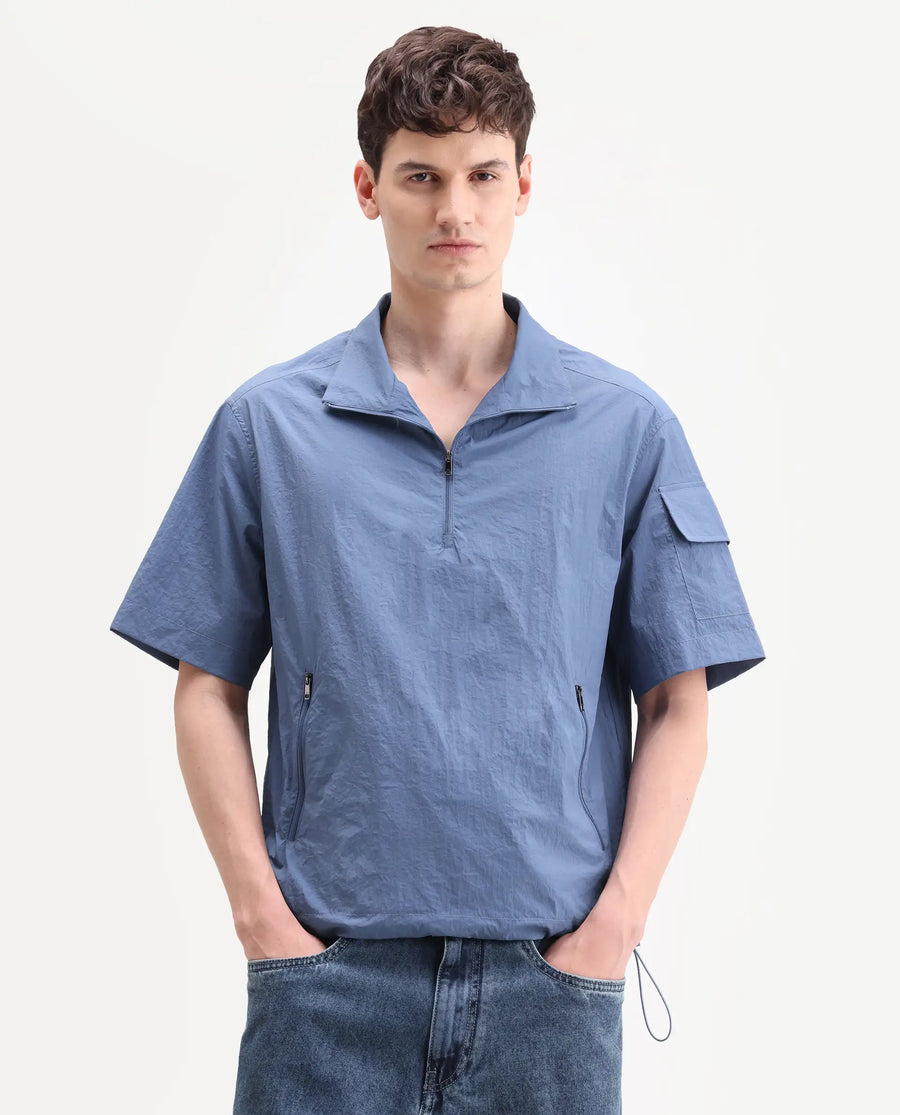 Rare Rabbit Men's Atto Blue Nylon Fabric Half Sleeve Spread Collar Regular Fit Plain Polo