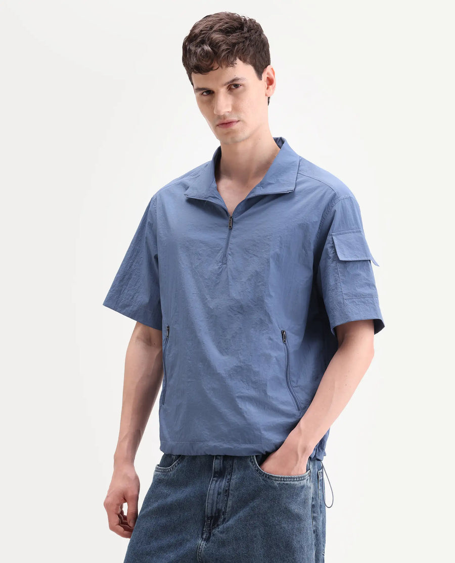 Rare Rabbit Men's Atto Blue Nylon Fabric Half Sleeve Spread Collar Regular Fit Plain Polo