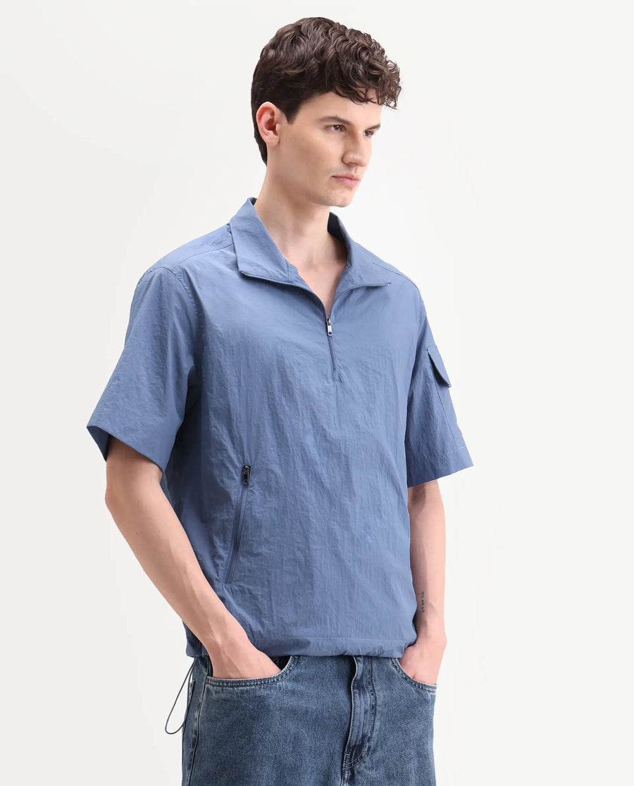 Rare Rabbit Men's Atto Blue Nylon Fabric Half Sleeve Spread Collar Regular Fit Plain Polo
