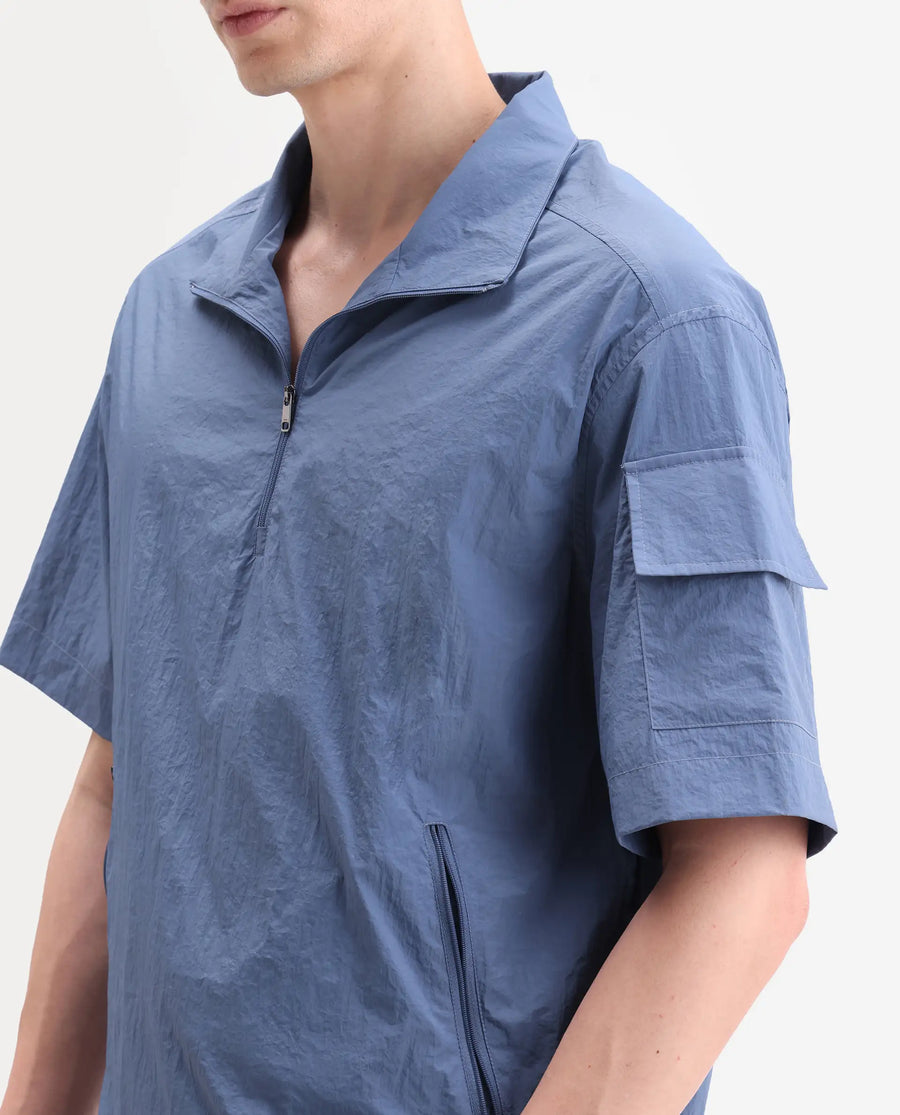 Rare Rabbit Men's Atto Blue Nylon Fabric Half Sleeve Spread Collar Regular Fit Plain Polo