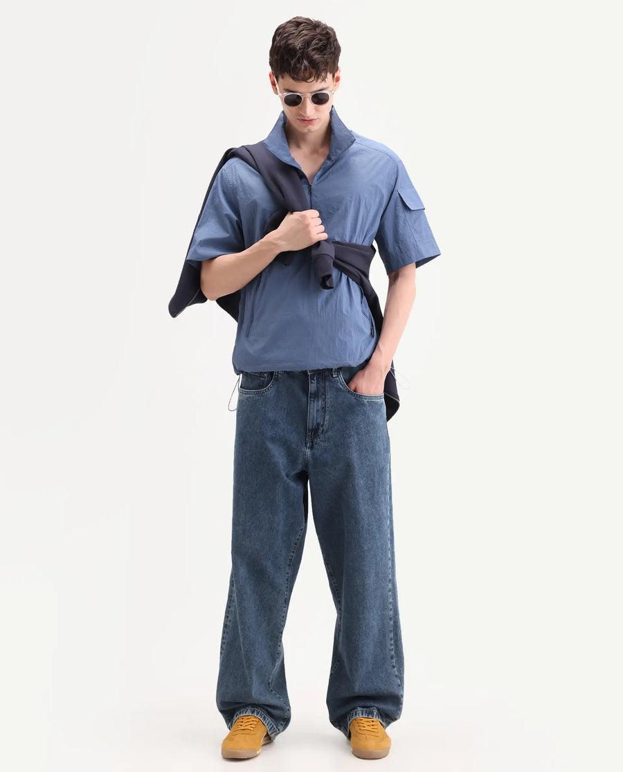 Rare Rabbit Men's Atto Blue Nylon Fabric Half Sleeve Spread Collar Regular Fit Plain Polo