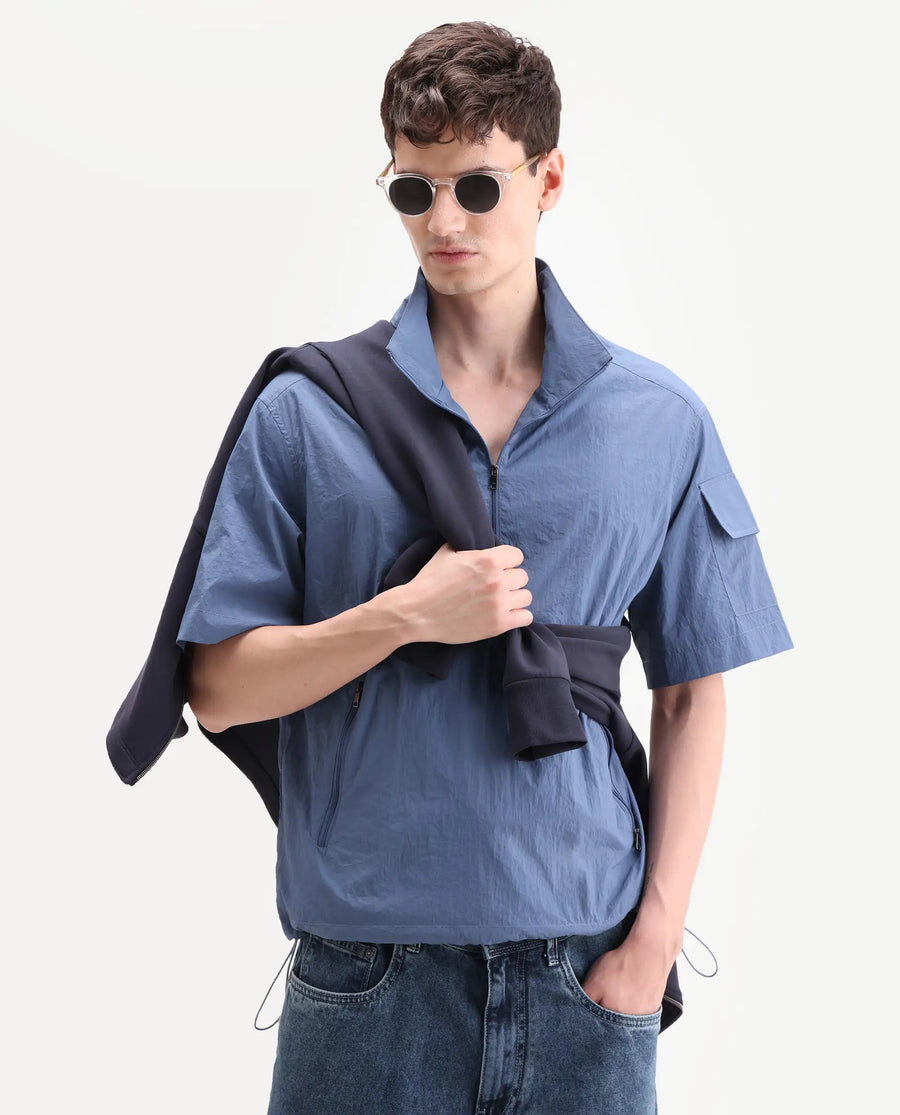 Rare Rabbit Men's Atto Blue Nylon Fabric Half Sleeve Spread Collar Regular Fit Plain Polo