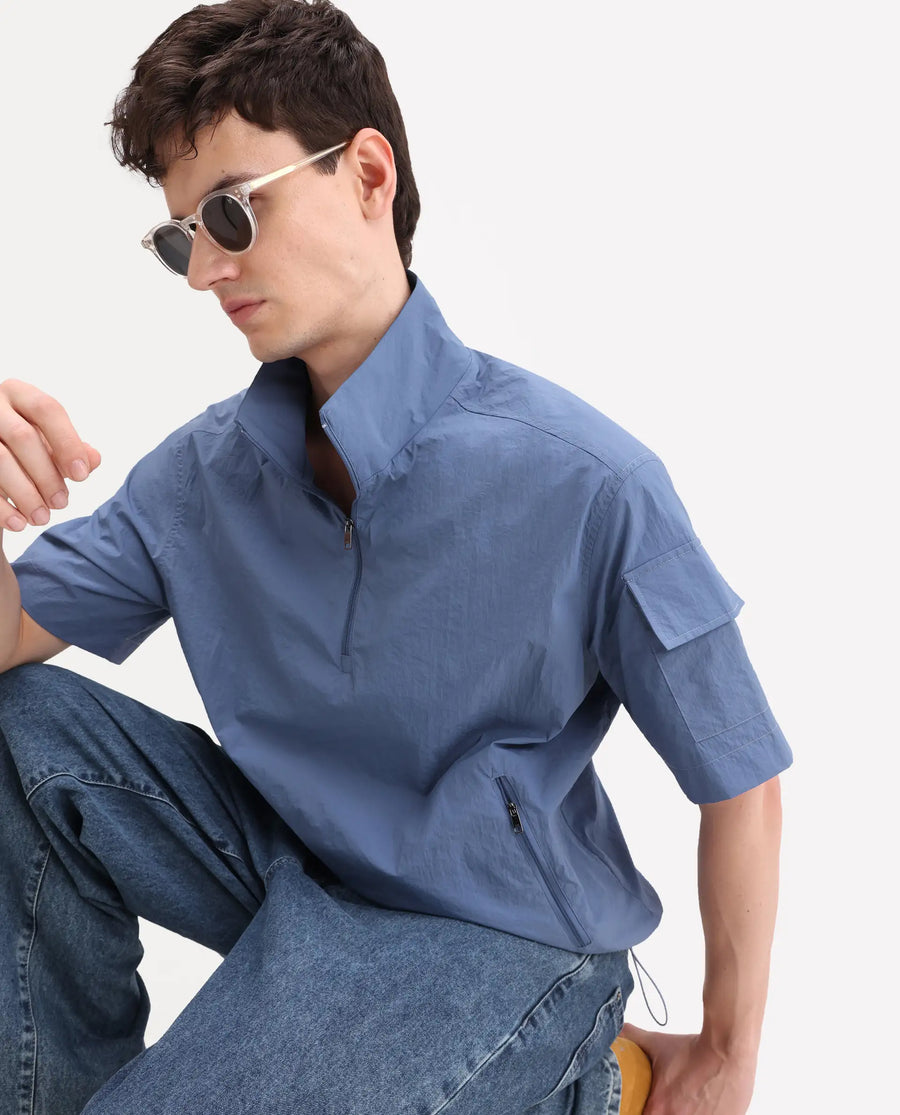 Rare Rabbit Men's Atto Blue Nylon Fabric Half Sleeve Spread Collar Regular Fit Plain Polo
