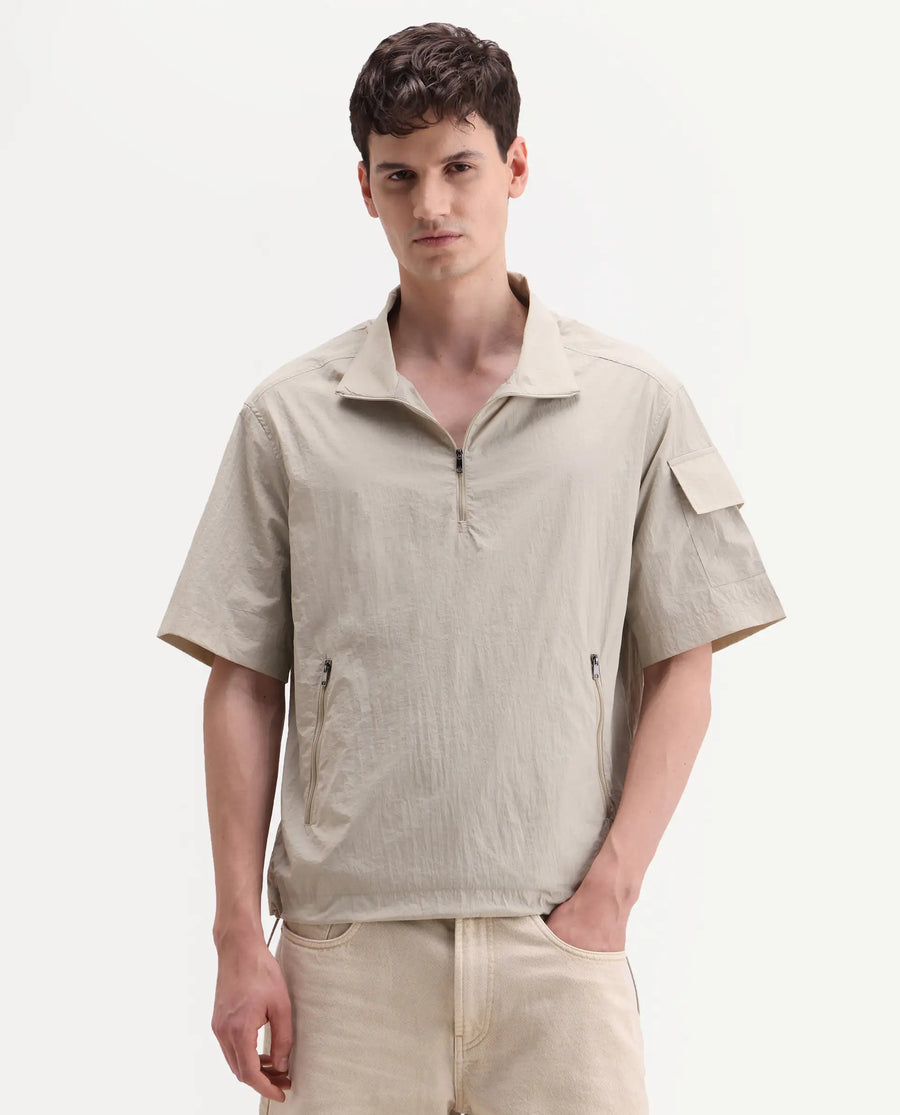 Rare Rabbit Men's Atto Beige Nylon Fabric Half Sleeve Spread Collar Regular Fit Plain Polo