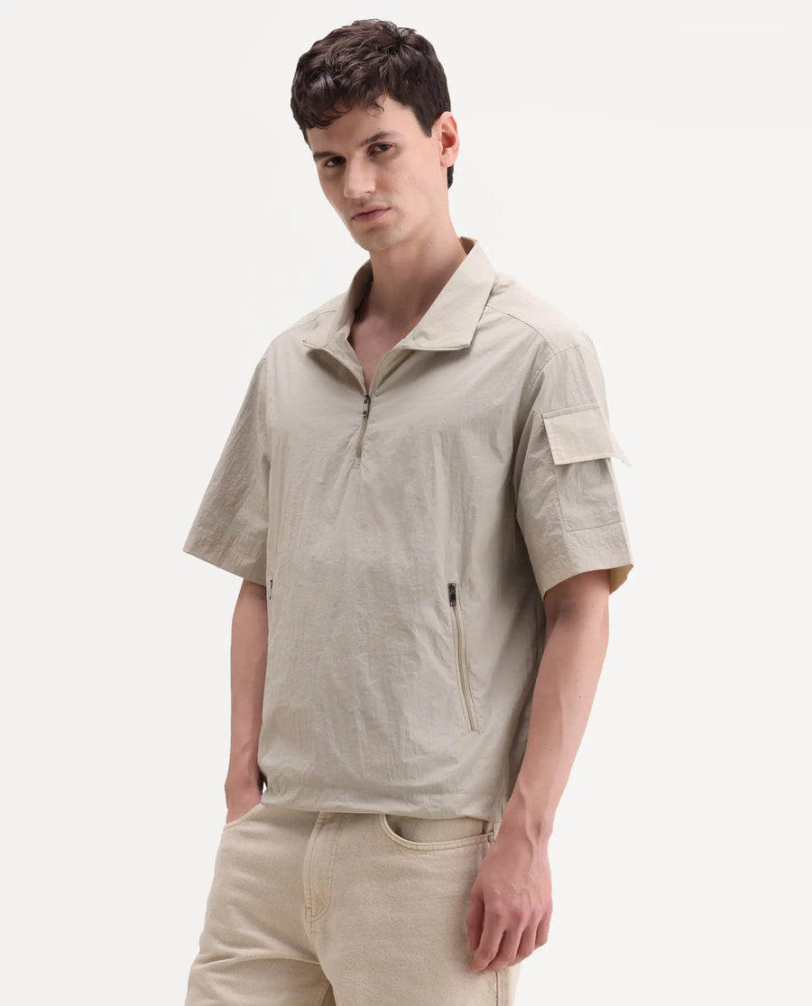 Rare Rabbit Men's Atto Beige Nylon Fabric Half Sleeve Spread Collar Regular Fit Plain Polo