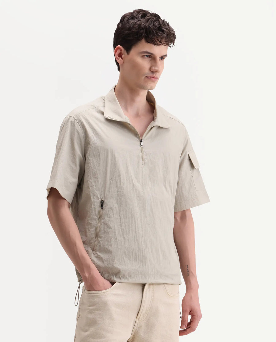 Rare Rabbit Men's Atto Beige Nylon Fabric Half Sleeve Spread Collar Regular Fit Plain Polo