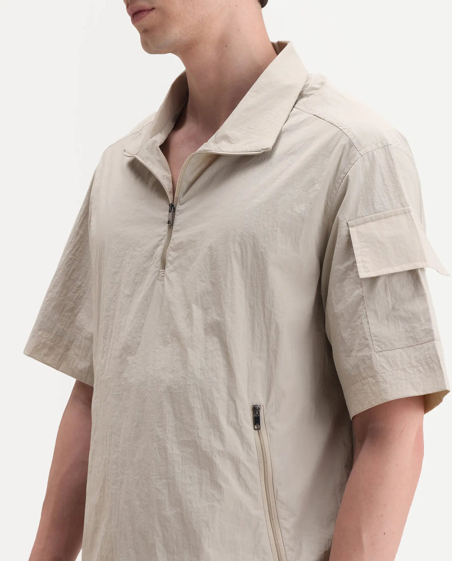 Rare Rabbit Men's Atto Beige Nylon Fabric Half Sleeve Spread Collar Regular Fit Plain Polo