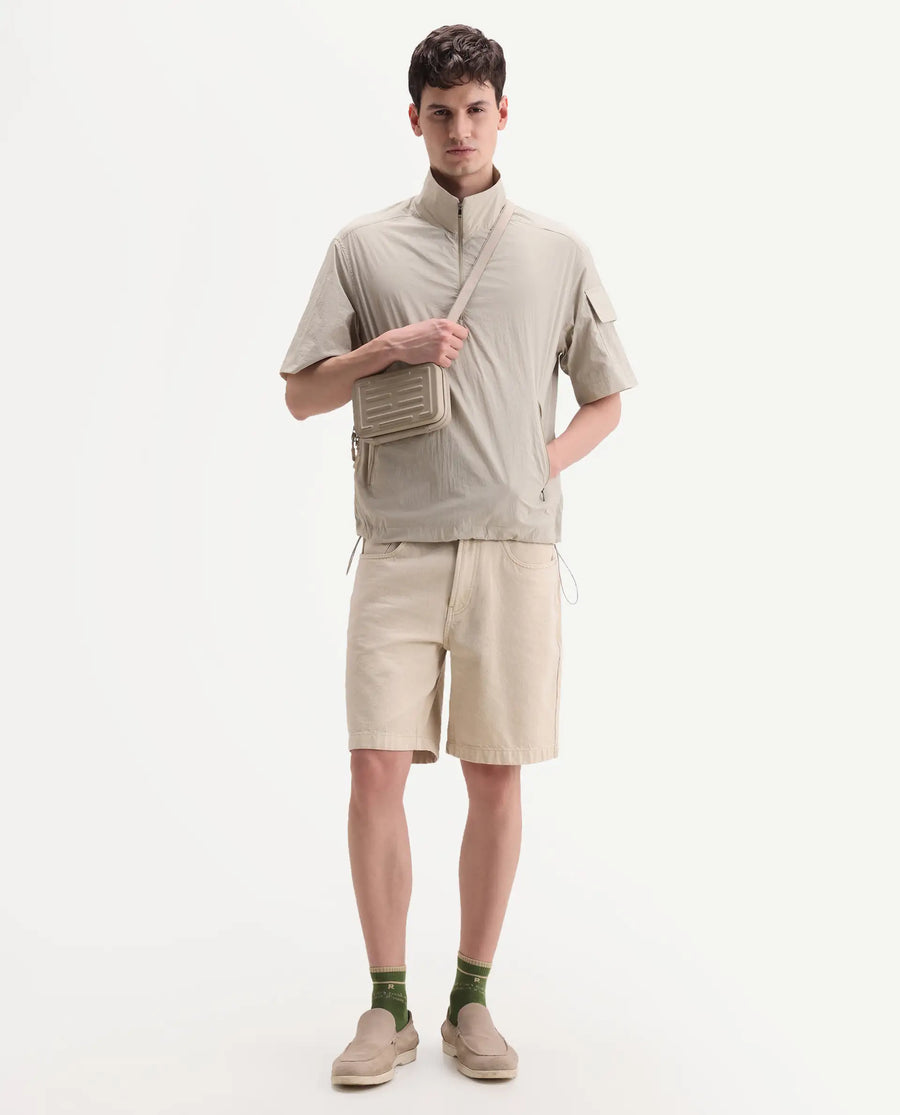 Rare Rabbit Men's Atto Beige Nylon Fabric Half Sleeve Spread Collar Regular Fit Plain Polo