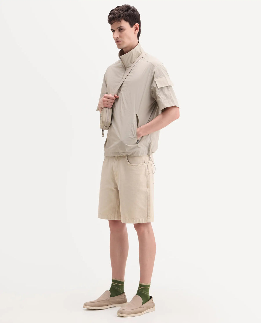 Rare Rabbit Men's Atto Beige Nylon Fabric Half Sleeve Spread Collar Regular Fit Plain Polo