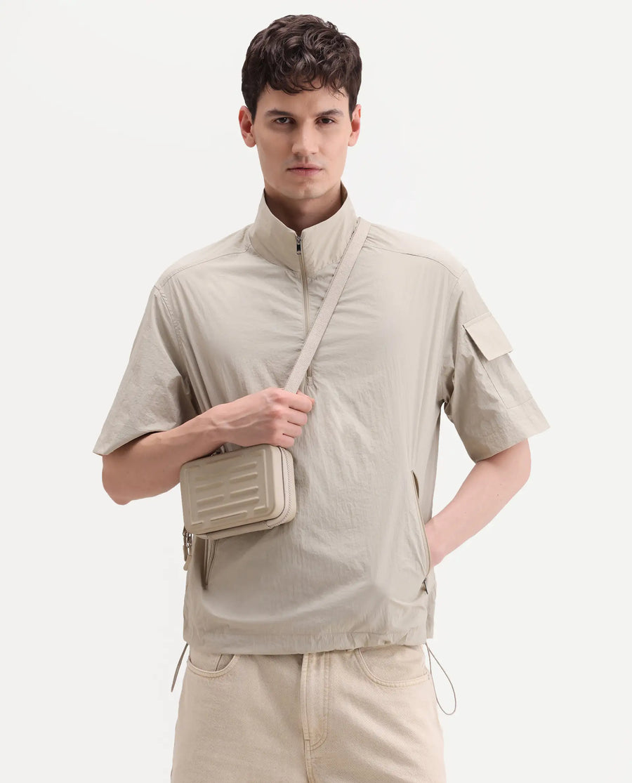 Rare Rabbit Men's Atto Beige Nylon Fabric Half Sleeve Spread Collar Regular Fit Plain Polo
