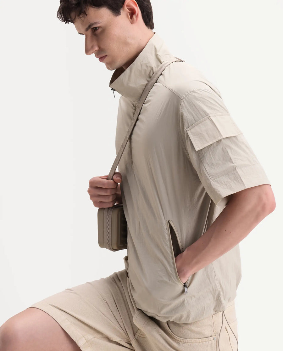 Rare Rabbit Men's Atto Beige Nylon Fabric Half Sleeve Spread Collar Regular Fit Plain Polo