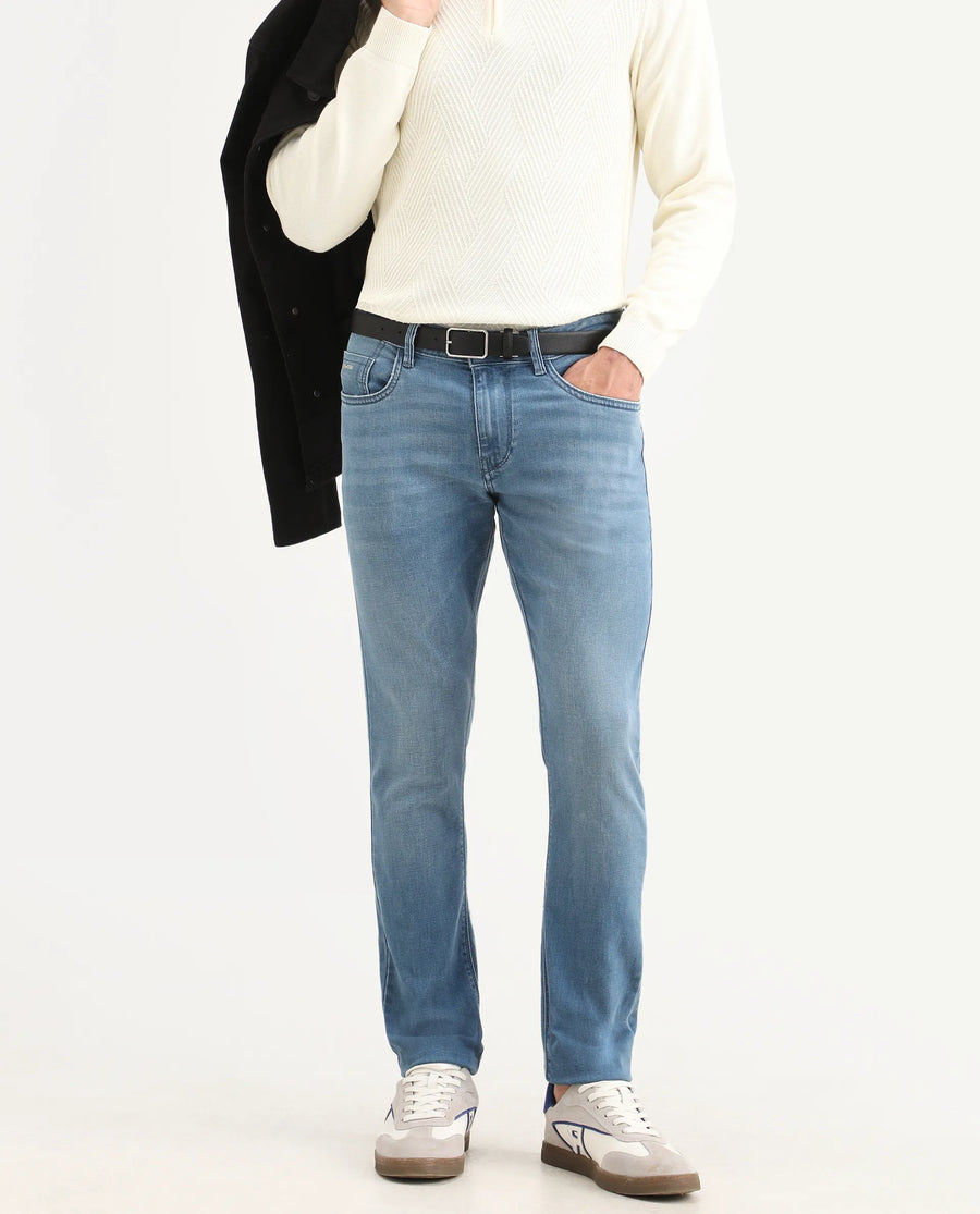 Rare Rabbit Men's Kunor Blue Cotton Blend Fabric Hawk Slim Fit Plain Jeans