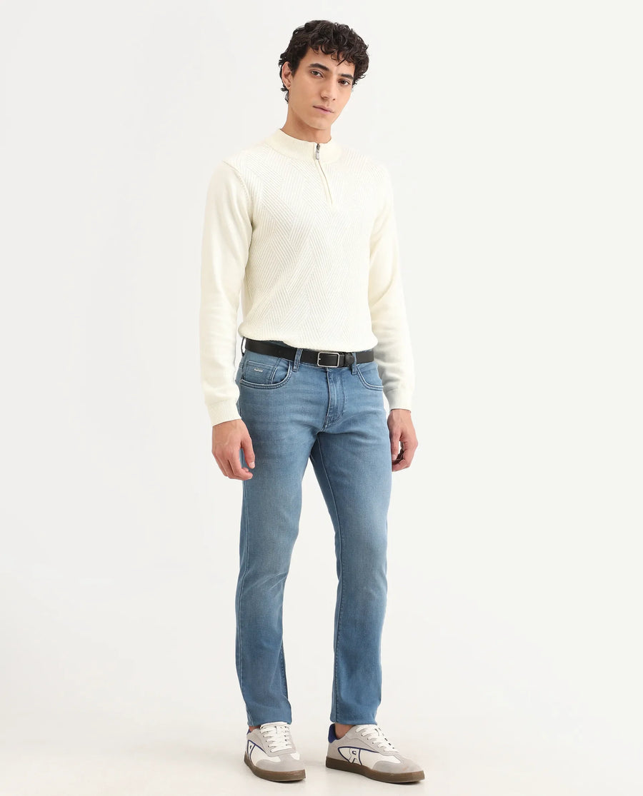 Rare Rabbit Men's Kunor Blue Cotton Blend Fabric Hawk Slim Fit Plain Jeans