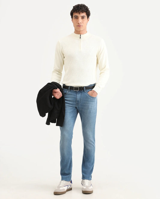 Rare Rabbit Men's Kunor Blue Cotton Blend Fabric Hawk Slim Fit Plain Jeans