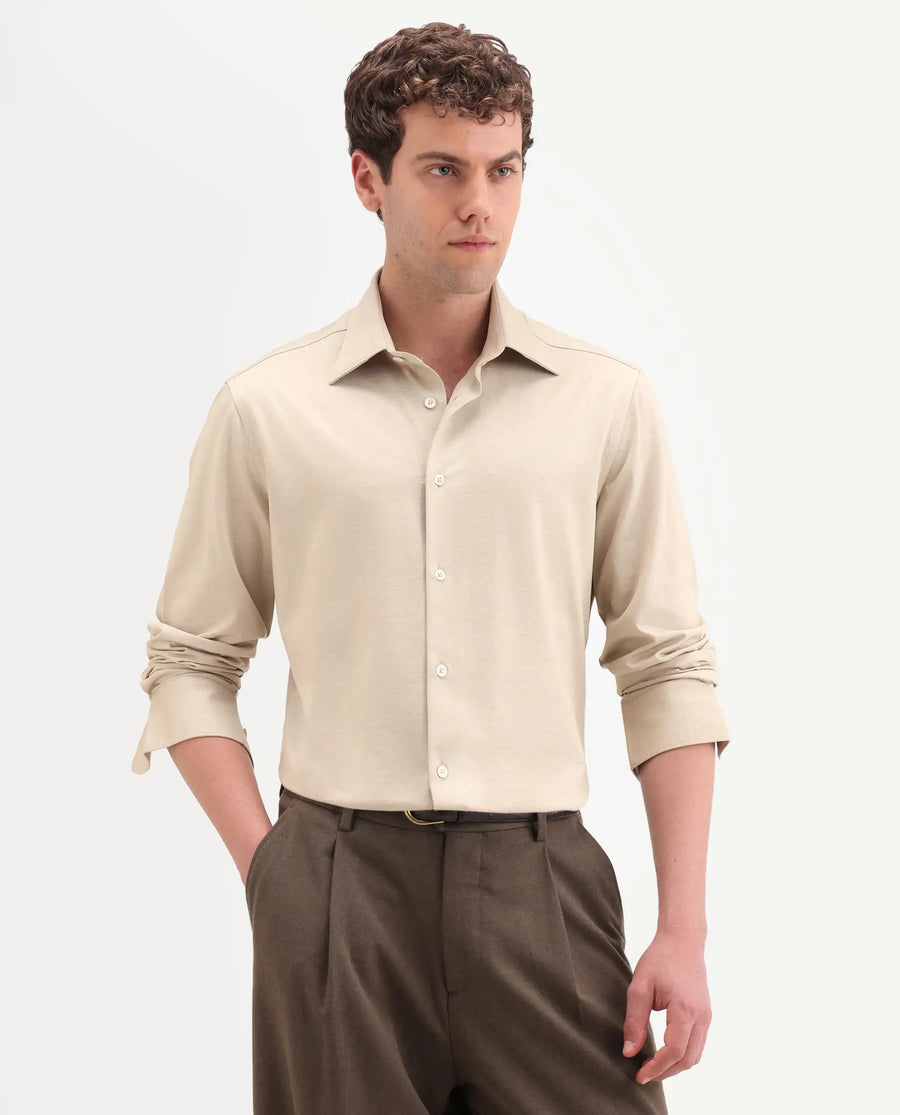 Rare Rabbit Men's Bogi Light Beige Cotton Blend Full Sleeve Spread Collar Regular Fit Plain Shirt
